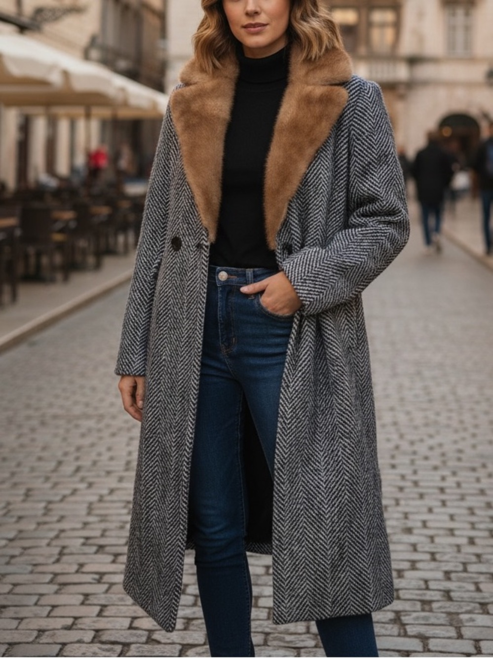 ANTONIO MELANI Herringbone Wool Genuine Mink Fur Collar Coat